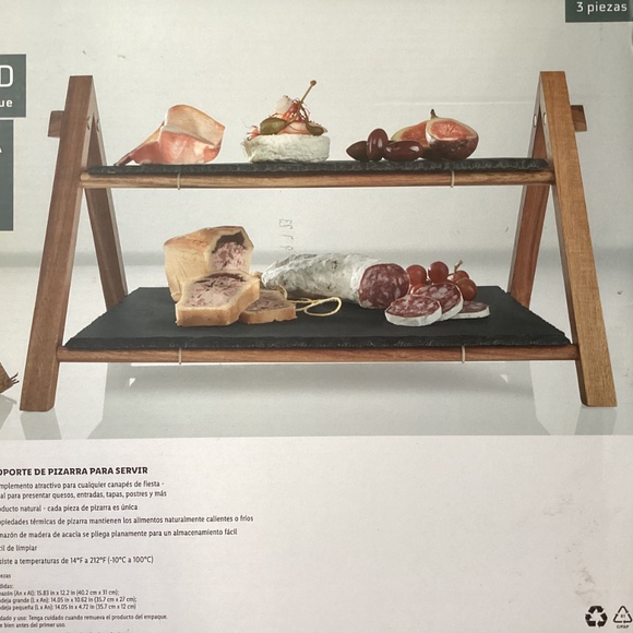 Ernesto 3 pc Slate Serving Stand 2 Tier Slate Acacia Wood Frame New - Picture 3 of 11